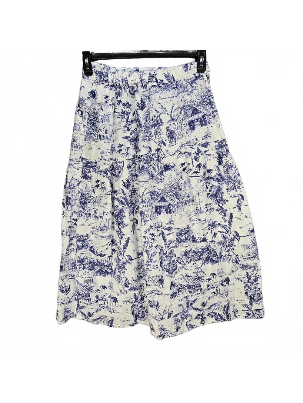 Joie 100% Linen Toile Midi Skirt Blue White Tropical Coastal Grandma Boho Small - Picture 2 of 6